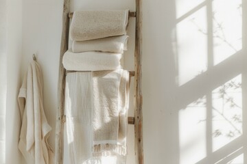 Towels neatly arranged on a wooden ladder against a white wall