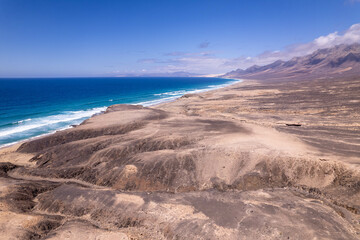 Aerial View of Cofete Beach and Volcanic Mountains Fuerteventura