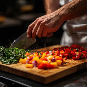Fresh Vegetables Being Chopped on a Wooden Cutting Board in Kitchen