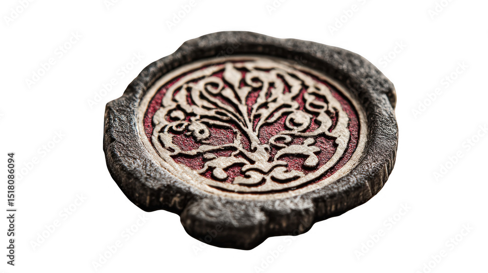 Poster carved stamp with unique design, featuring intricate floral patterns and textures, isolated on a tra