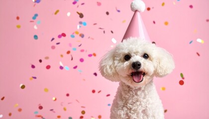 Happy white poodle wearing a party hat, surrounded by confetti on a pink background.