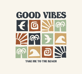 Fototapeta na wymiar Vector graphic with waves, sun, surfboard, sun and palm tree in retro colorway. Perfect for t-shirt print, posters, and stickers.