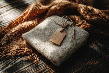 Textured linen pouch tied with twine on wooden surface