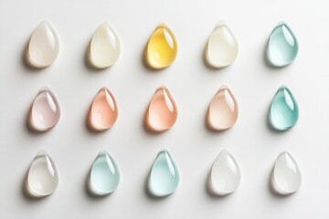 Colorful droplets arranged on a white background