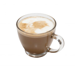 Warm coffee in a clear glass cup, inviting creamy top, perfect for cozy mornings, great for relaxation or casual gatherings. Isolated on white background or PNG