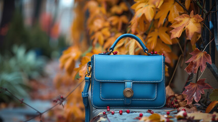 Blue faux leather small rectangle bag in trendy autumn woman outfit. Fashion details. Copy, empty space for text