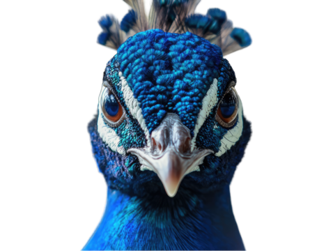 Close-up peacock head, vibrant blue plumage