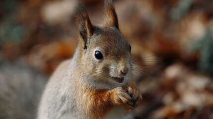 Fototapeta premium Surprised squirrel stands among autumn leaves, holding nut