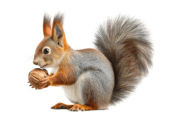 Obraz premium PNG Cute red squirrel holding a nut with fluffy tail on white background