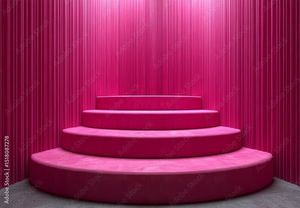 Poster the scene is set with a 3d pink steps cylinder podium, accompanied by a round stage and minimalist g
