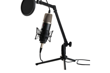 High-Quality Professional Studio Microphone Mounted on Adjustable Boom Arm – Isolated on White Background for Podcasting, Voice Recording, Broadcasting, and Audio Production