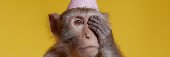 Monkey wearing party hat covers eyes in disbelief against yellow background