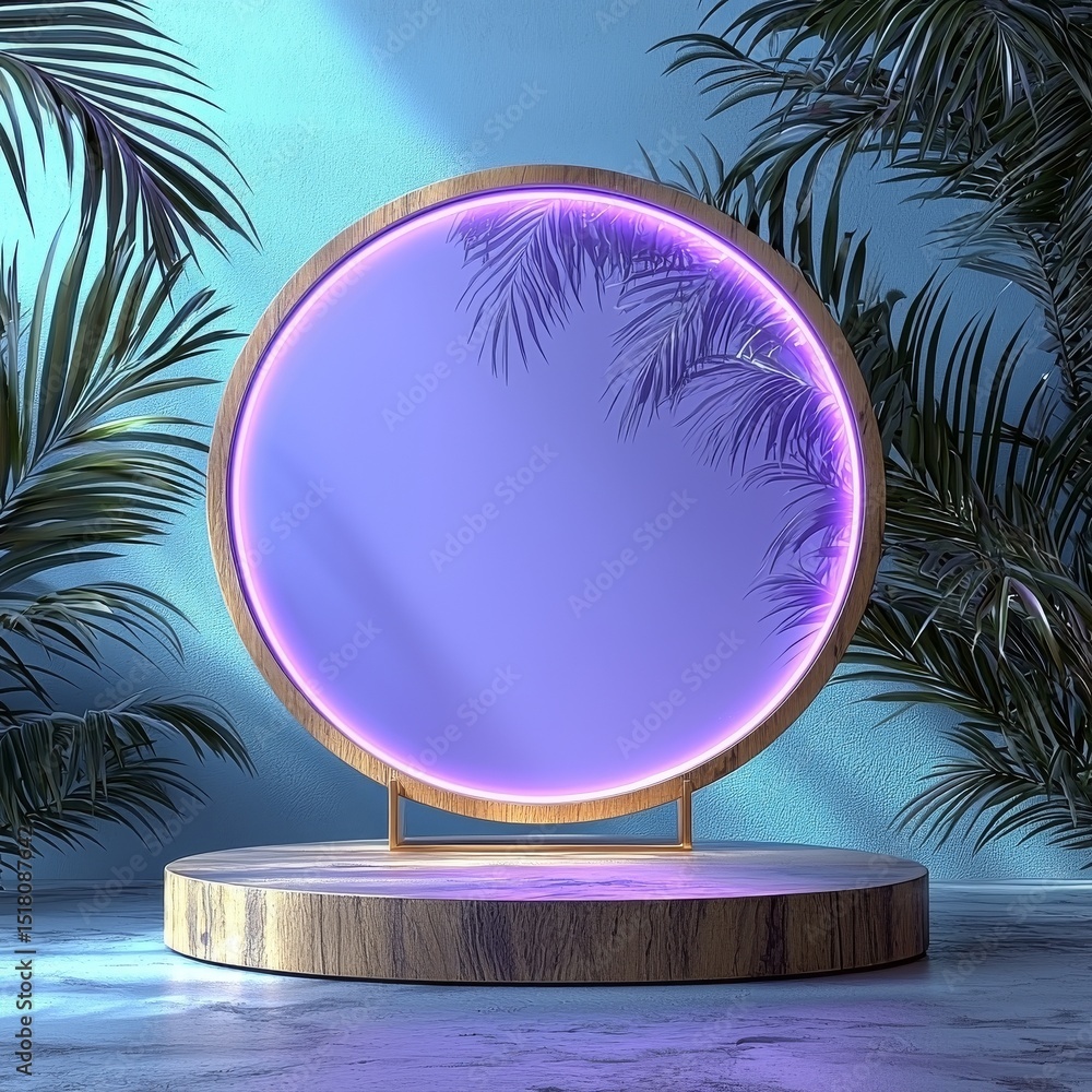 Poster a 3d stage on a pedestal display studio is set against a violet background with leaves, featuring a 