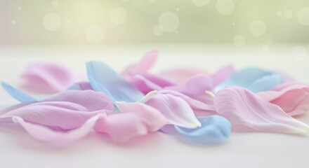 Delicate pastel pink and blue petals scattered on a soft, blurred background