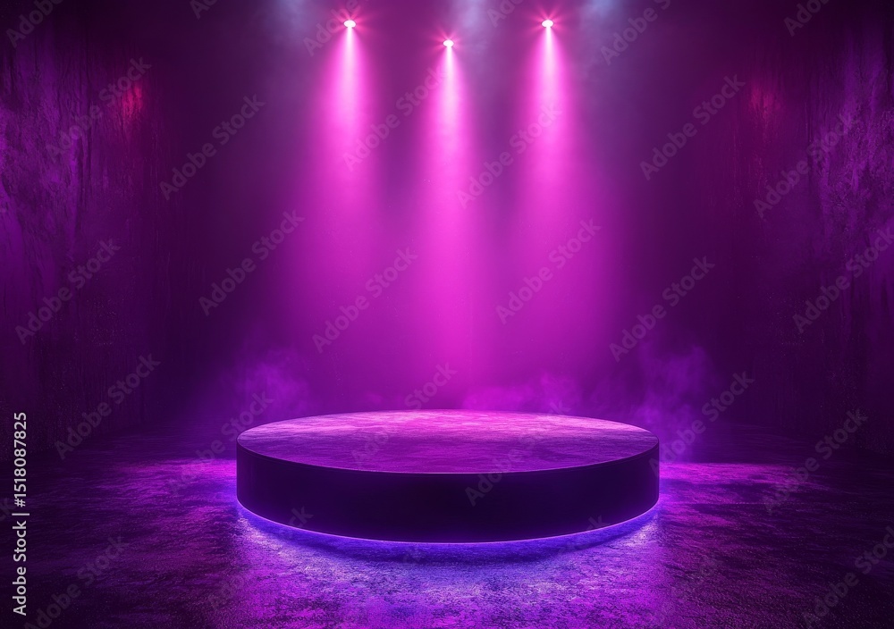 Poster a technology style image displays a 3d realistic empty podium with neon colors on a dark blue backgr