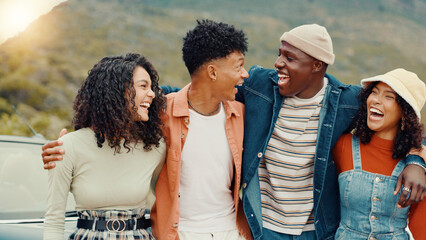 Hug, excited and friends laughing on road trip for holiday, travel and vacation in group. Outdoor, adventure or happy people with funny joke, smile and car for weekend getaway, memory and tourism