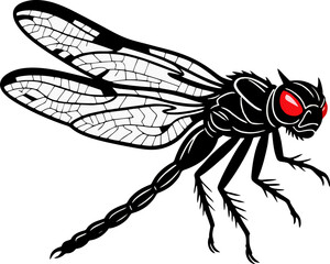 Fierce Black Dragonfly with Detailed Wings and Glowing Red Eyes