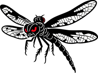 Fierce Black Dragonfly with Detailed Wings and Glowing Red Eyes