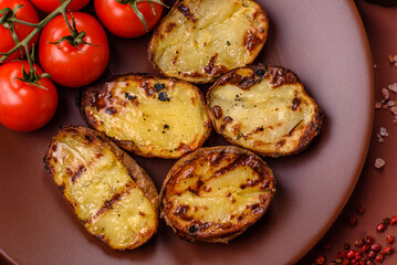 Food, potatoes cut in halves or slices grilled. Cooked baked potatoes