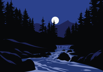 River night scenery illustration with full moon