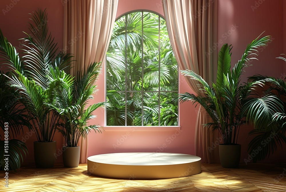 Poster the scene features a 3d beige cylindrical podium pedestal background with a vertical pattern wall, u