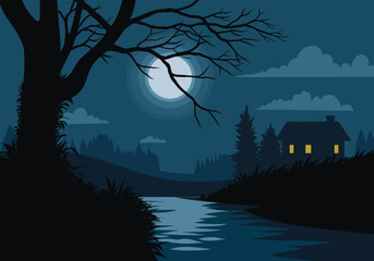 Serene night time illustration with a house, river and full moon