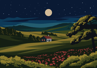 Countryside night time landscape illustration with house, grassland, trees, moon and stars