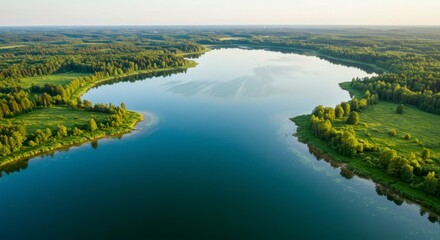 Naklejka premium Serene aerial view of a pristine lake nestled amidst lush greenery, reflecting the tranquil sky