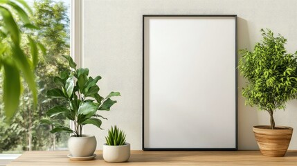 Blank framed poster in a room with plants