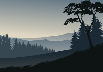 Minimalist foggy forest silhouette landscape illustration