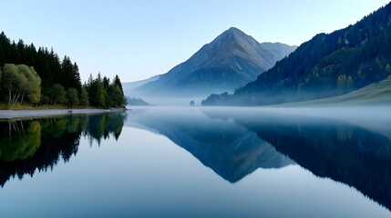 Majestic mountain reflected in a serene, misty lake