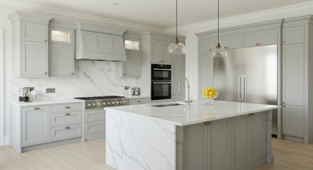 Fototapeta premium Modern, light gray kitchen with a large island and marble countertops