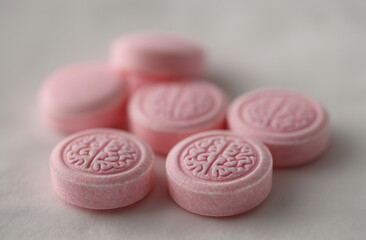 round pink pills with brain imprint, smart pills