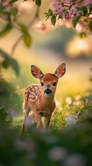 Fawn explores a lush meadow during springtime, surrounded by blossoms and gentle sunlight