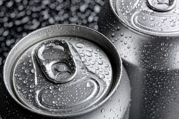 Refreshing metal cans glistening with water droplets on a dark surface during a warm afternoon