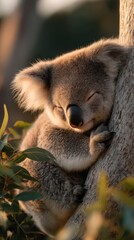 Fototapeta premium Koala resting peacefully on a tree during golden hour in an Australian forest