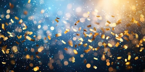 Sparkling bokeh background with warm golden lights on a dark blue backdrop.