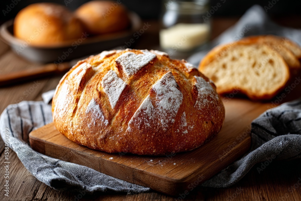 Poster freshly baked sourdough bread resting on a wooden board with a rustic background and soft natural li