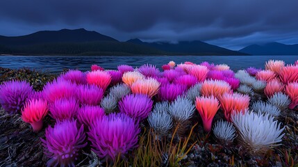 Vibrant Coastal Flowers at Dusk Mountain Lake Background Colorful Flora Nature Scene