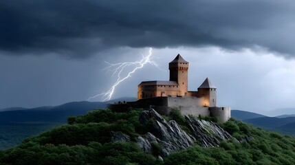 Ancient castle stands tall amidst a thunderous storm