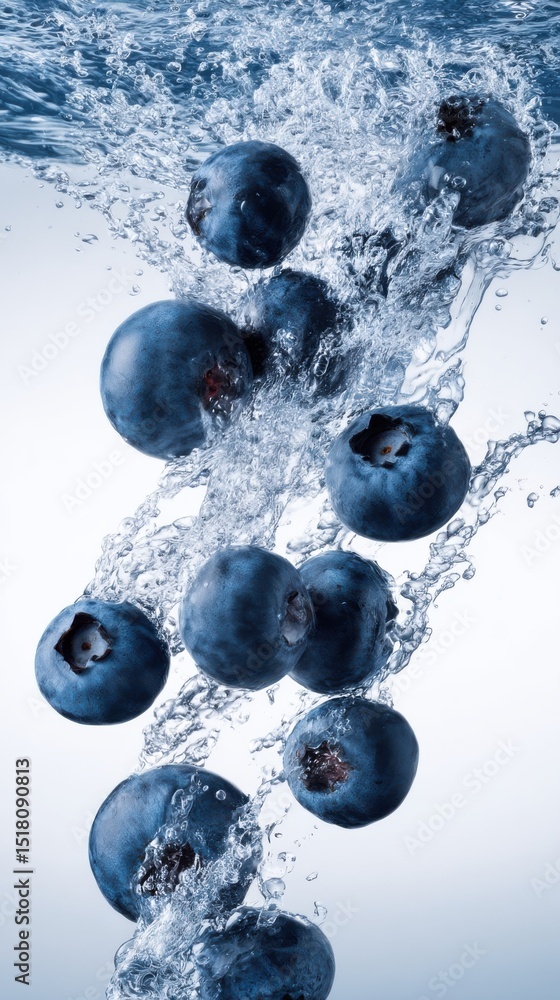 Poster fresh blueberries splash into clear water creating dynamic droplets in a playful display of fruit fr