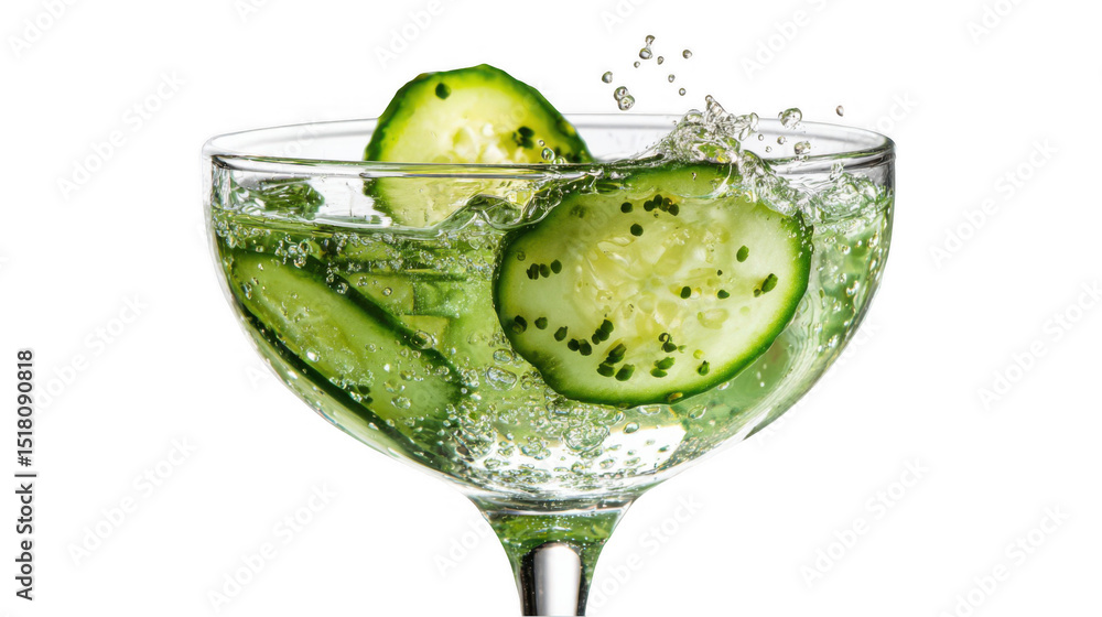Poster cucumber slices are splashing into a refreshing gin and tonic cocktail in a coupe glass, creating bu