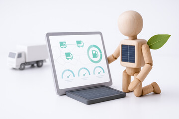 Wooden robot with leaf on its shoulder is kneeling beside digital tablet displaying logistics and energy icons, symbolizing eco friendly technology and sustainable transportation