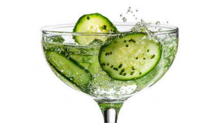 Cucumber slices are splashing into a refreshing gin and tonic cocktail in a coupe glass, creating bubbles and a burst of flavor on a transparent background