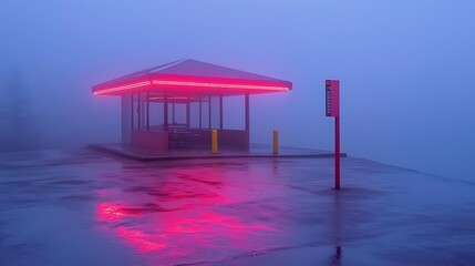 Atmospheric Pink Neon Lit Gazebo in Foggy Landscape Photography