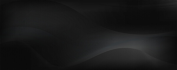 Black abstract background design. Modern wavy line pattern in monochrome colors. Premium stripe texture for banner, business backdrop. Dark horizontal vector template