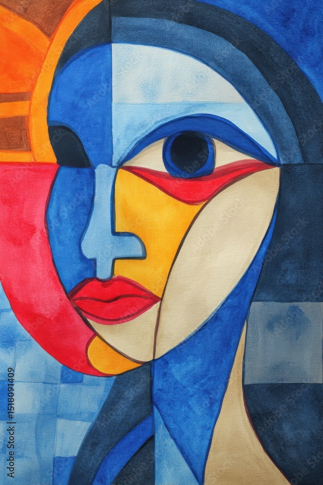 Poster unique abstract portrait utilizing bold colors and geometric shapes showcasing emotions and expressi