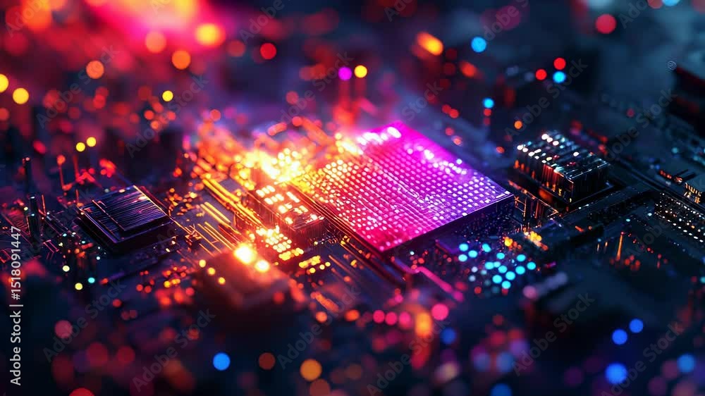 Poster illuminated circuit board with glowing microchip and colorful light effects