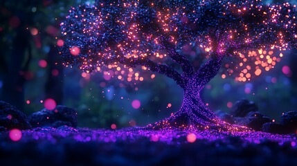 Magical Glowing Tree at Night Fantasy Forest Purple and Pink Lights Dreamlike Scene
