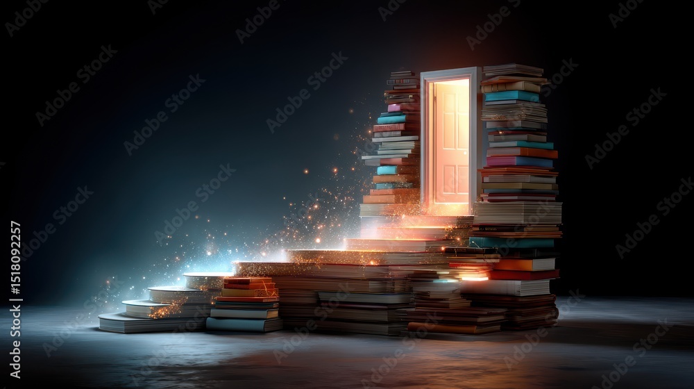 Poster a surreal staircase made of stacked books with a warm glowing light emanating from an open doorway s